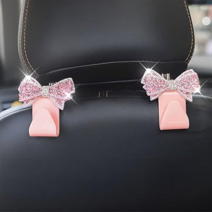 Zpana Bling Car Headreat Hook, 2PCS Crystal Rhinestone Cute Bow Vehicle Seat Back Hanger Storage for Purses Bags Grocery, Diamond Auto Rear Seat Organizer, Universal for SUV Truck Sedan (Pink) - style: Pink/2PCS