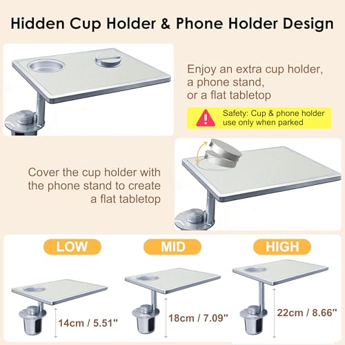 Car Food Tray & Car Table Tray with Car-Grade Aluminum Cup Holder & Phone Stand,360° Rotating Car Desk for Laptop & Eating, Compatible with Tesla Model Y/3/S, Best Fit Round Cup Holder (2.28" - 3.66") - color: 𝗦𝗾𝘂𝗮𝗿𝗲 · White