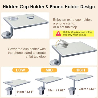 Car Food Tray & Car Table Tray with Car-Grade Aluminum Cup Holder & Phone Stand,360° Rotating Car Desk for Laptop & Eating, Compatible with Tesla Model Y/3/S, Best Fit Round Cup Holder (2.28" - 3.66") - color: 𝗦𝗾𝘂𝗮𝗿𝗲 · White