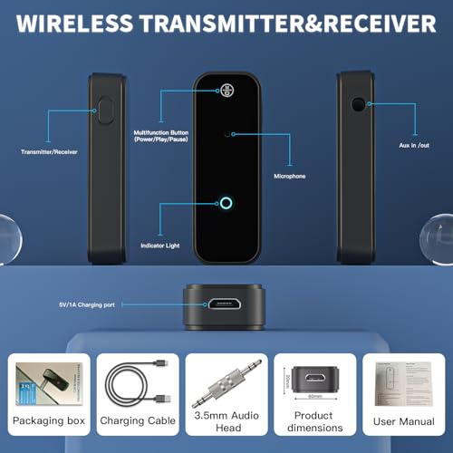 Aux Bluetooth Adapter Portable 3.5mm Blue-tooth Aux Adapter for Car 2 in 1 Wireless Bluetooth Receiver for Car/Home/TV Audio/Speakers/Headphones/Stereo System,Hands-Free Call 33FT Widely Working Range