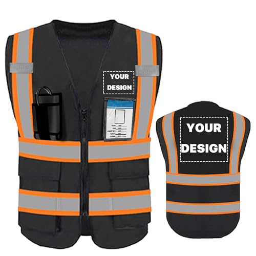 High Visibility Reflective Safety Vest with Pockets Custom Your Logo Safety Workwear - color: A Black Orange Webbing, size: Large