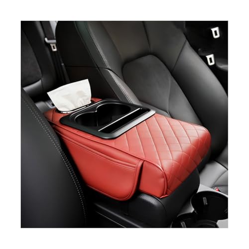 Car Center Console Armrest Box Mat, Nappa Leather Armrest Box Cover with Tissue Box, Cup Holder & Phone Holder, Middle Console Arm Rest Protection Pillow, Universal for Vehicles (Red) - color: Red