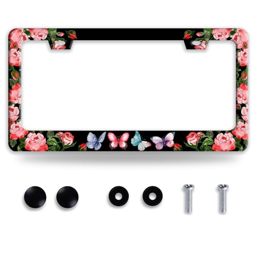 Colorful Butterfly Pink Flowers License Plate Frame Rose Floral License Plate Frames Funny Auto Accessory Stainless Steel Flower License Plate Decoration for Women 12 x 6 Inch - color: Colorful Butterfly Pink Flowers