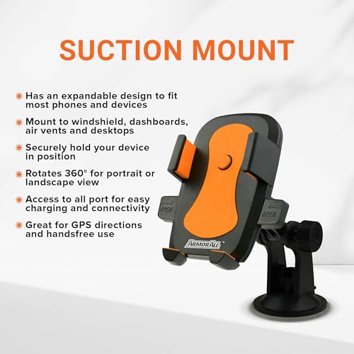 Armor All Phone Mount for Cars, 3-in-1 Phone Holder, Suction Dashboard, Windshield, & Vent Mount, 360° Rotation, Fits iPhone Max, Android, and All Smartphones, 3.5” inch Grip, Quick Release Button