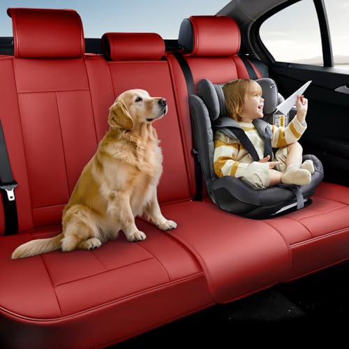 Coverado Rear Seat Covers, Faux Leather Car Seat Cover Back Seat, Dog Back Seat Cover, Red Backseat Car Covers, 3-Pieces Waterproof Seat Covers, Universal Car Seat Protector Fit Most Cars - color: Red