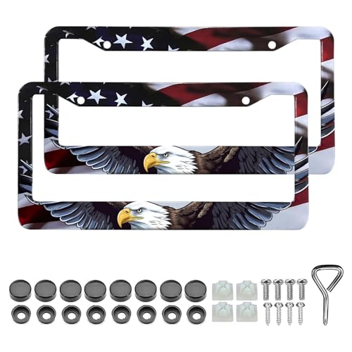 LIN KANG American Flag Eagle License Plate Frame Holder - 2 Pack Patriotic Universal Aluminum Matte Stripe US Flag Gloss Car Tag Frame Holder with Screws Fasteners Caps - color: American Flag Eagle A
