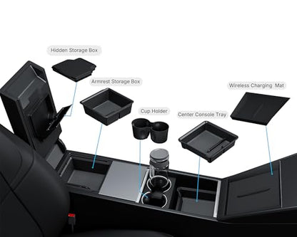 5PCS Center Console Organizer Compatible with 2025-2026 Tesla Model Y Juniper/2024-2026 Model 3 Highland Accessories, Hidden Storage Box, Cup Holder and Silicone Mat(Not Fit Juniper Standard) - size: 5pc for Model Y Juniper/ Model 3 Highland