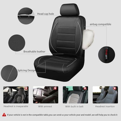 CAR PASS Universal Reflect Piping Leather Car Seat Cover, Fit for suvs,Van,Trucks,Airbag Compatible,Inside Zipper Design and Reserved Opening Holes (Full Set, Black and Grey) - color: Full Set Black Grey
