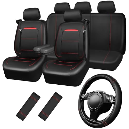 CAR PASS Leather Car Seat Cover Full Set with Steering Wheel Cover and 2PCS Seat Belt Shoulder Pads,for Trucks and SUV with Built-in Seatbelts and Front Seat Side Armrests(Combo Set, Black and Red) - color: Black Red Set