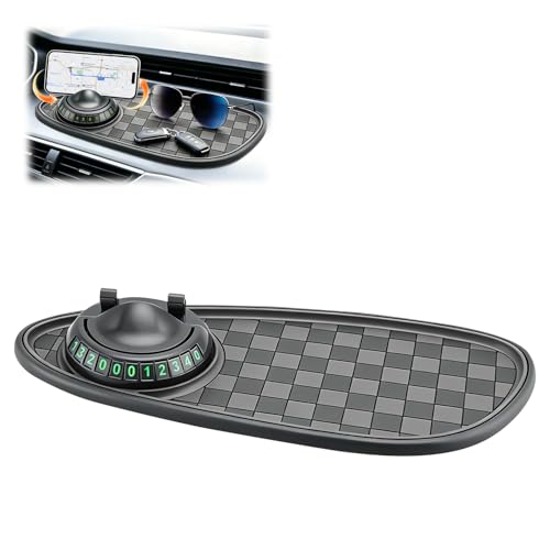 Multifunctional Car Anti-Slip Mat, 360° Rotatable Car Anti Slip Mat Phone Holder, Universal Dashboard Pad with Temporary Parking Number, Dashboard Accessories for Sunglass Chapstick (Black Gray) - color: Black-Gray