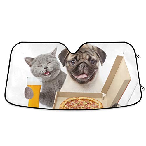 Funny Cat Pug Dog Pizza Car Windshield Sun Shade Block UV Rays Sun Visor Protector Accordion Folding Sunshade Keep Vehicle Cool & Damage Free, Easy to Use, Fits Windshields of Various Sizes - color: Multicolor-funny cat pug dog pizza