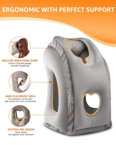Sunany Travel Pillow, Inflatable Neck Pillow Used for Airplanes/Cars/Buses/Trains/Office Napping with Eye Mask/Earplugs (Gray) - color: Grey