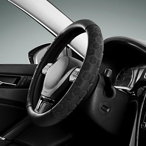 PIC AUTO Massage Steering Wheel Cover, Black Football Pattern Material Spliced Leather Car Steering Wheel Protector, Car Interior Accessories, Universal Fit 14.5"-15.5" for Cars, Trucks, Van, SUV - color: Black