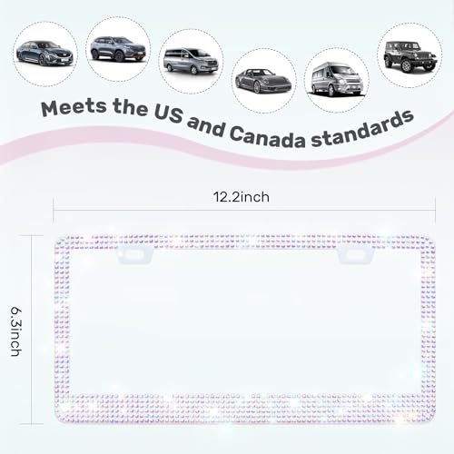 QUANQIUFEI 2 Pack Bling License Plate Frames, Sparkly Rhinestone Diamond Car License Plate Cover for Women, Stainless Steel Car Accessories with Glitter Crystal Caps (Crystal AB) - color: Crystal AB