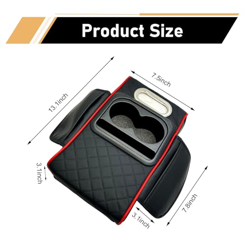 WZP Car Center Console Armrest Pillow, Memory Foam Leather Armrest Cover with Cup Holder Phone Holder Storage Pocket Tissue Holder, Universal Height Enhancement Car Armrest Cushion (Black&Red Line) - color: Black&Red Line