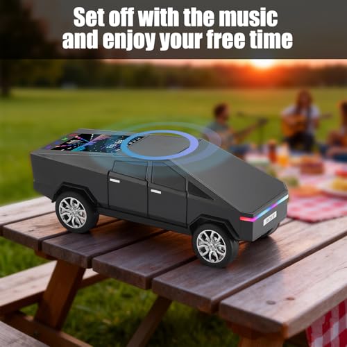 Futuristic Truck Bluetooth Replica Speaker with LED Display Screen – Portable Future-Style Audio with TWS Link, FM Radio, LED Lighting and Built-in Mic, For Every Technology and Truck Lover (Black) - color: Black