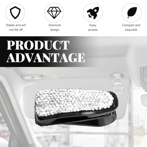 Wevdn 2 PCS Car Sun Visor Glasses Holder, Fashion Bling Car Eyeglasses Sunglasses Hanger for Women Girls, Glasses Holder Clip Hanger Mount with Ticket Card Clip, Car Accessories (White) - color: White