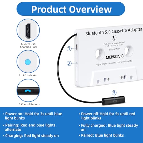 Car Audio Bluetooth 5.0 Cassette Receiver, Cassette Bluetooth Adapter for Car Tape Player, Wireless Cassette Aux Adapter with Hands-Free Calling, Universal Compatibility for Smartphone,Tablet(White)