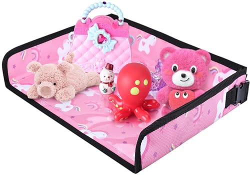 Kids Travel Tray Table Cover with Pockets – Airplane Essentials for Toddlers, Portable Activity Organizer for Plane, Train Car & Highchair, Machine Washable (Pink) - color: Pink