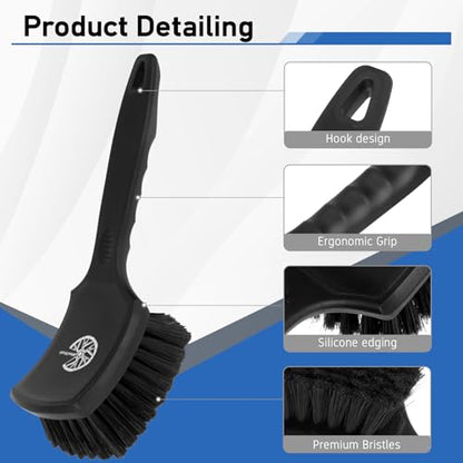 MVEQRRN 2Pack Car Wheel & Tire Detailing Brush Set,Stiff Bristle tire Brush for CleaningTires, Wheel Cleaner Brush with Soft Bristles,Car Wheel Cleaning Brush for Alloy Rims, Carpet,Tires,RVs (Black) - color: black