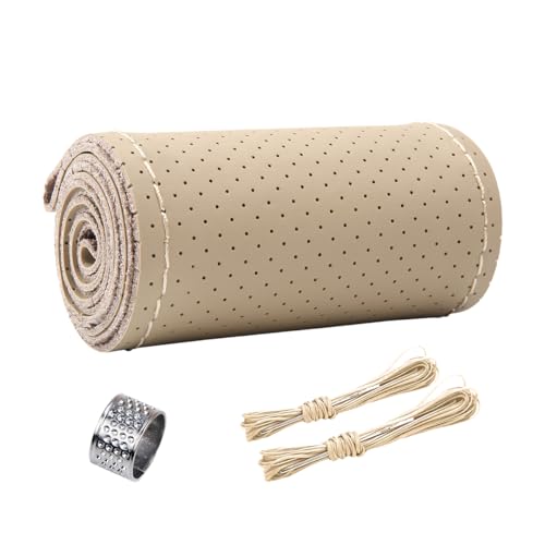 ZIMISI Genuine Leather Steering Wheel Cover, Anti-Slip Breathable Car Steering Wheel Stitching Wrap, DIY Sewing with Needle Thread, 15 Inch Stitch on Wrap Car Steering Wheel Cover (Beige, Hole) - color: Beige, size: Hole