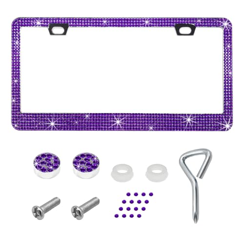 DXNQ Bling License Plate Frame, Sparkly Rhinestone Diamond License Plate Cover with Crystal Screws Caps, Glitter Crystal Stainless Steel License Plate Holder for Women, Car Accessories (Purple) - color: Purple
