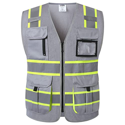 JKSafety 9 Pockets Hi-Vis Mesh Safety Vest for men and women | Chaleco reflectante de seguridad | Zipper Front | Multiple Pockets | Class 1 (140-Grey XL) - color: Jk140-grey, size: X-Large
