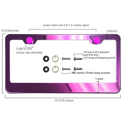 T304 Stainless Steel License Plate Frame – 8K Mirror Polish Finish, Rust-Resistant, Slim Design, Universal Fit, Includes Screw Caps, Washers & Stainless Steel Screws (Purple Pink) - color: Purple Pink