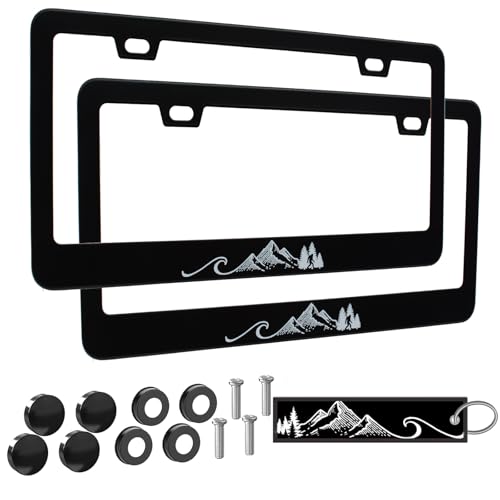 2pcs Ocean Wave with Bigfoot Mountains license plate frame for women, funny ocean waves car decorative tag frames girly,forest license plate cover holder for vehicle with double sided car keychain tag - color: for Ocean Wave Mountains