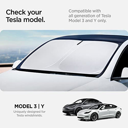 Spigen Front Windshield Sunshade for All Tesla Model Y & 3 | Dual Layered Protection Car Accessories for Model Y Juniper and Model 3 Highland | Gift for Tesla Owner - size: Model 3/Y