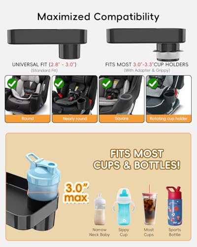 Toddler Car Seat Snack Tray - 3 Inch Cup Holder with Dip Well Fits Most Sippy Cups & Straw Bottles, Mess-Free Square Kids Travel Tray Road Trip Essentials, Black