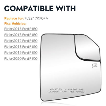 Passenger Right Side Heated Blind Spot Mirror Glass Fit for 2015-2020 Ford F-150, Side View Mirror Glass, Replacement for FL3Z17K707A - size: Passenger Side(Right)