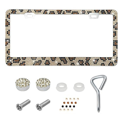 DXNQ Bling License Plate Frame, Sparkly Rhinestone Diamond License Plate Cover with Crystal Screws Caps, Glitter Crystal Stainless Steel License Plate Holder for Women, Car Accessories (Leopard) - color: Leopard