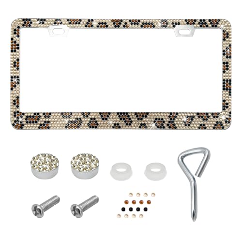DXNQ Bling License Plate Frame, Sparkly Rhinestone Diamond License Plate Cover with Crystal Screws Caps, Glitter Crystal Stainless Steel License Plate Holder for Women, Car Accessories (Leopard) - color: Leopard