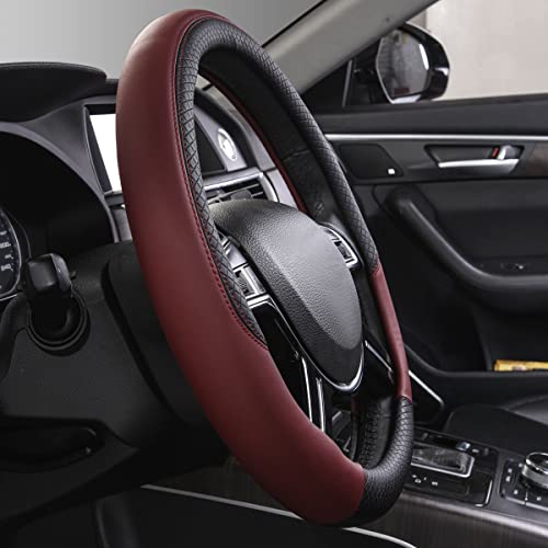CAR PASS Rhombus Leather Universal Steering Wheel Cover, Fit for Suvs,Trucks,Cars,Sedans,Vans (Black&Burgundy) - color: Black and Burgundy, size: Standard[14.5"-15"]