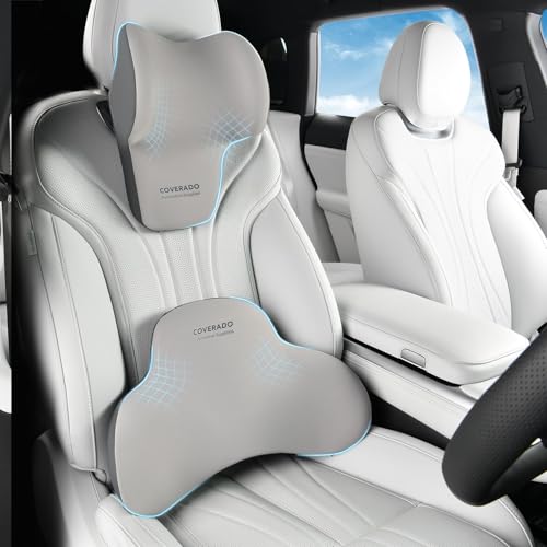 Coverado Lumbar Support and Headrest Pillow for Car, Memory Foam Ergonomic Head Neck Support Pillow for Driving Seat, Back Support and Pain Relief, Seat Cushion for Car, Driver, Office - color: Gray2, size: 2 Peices