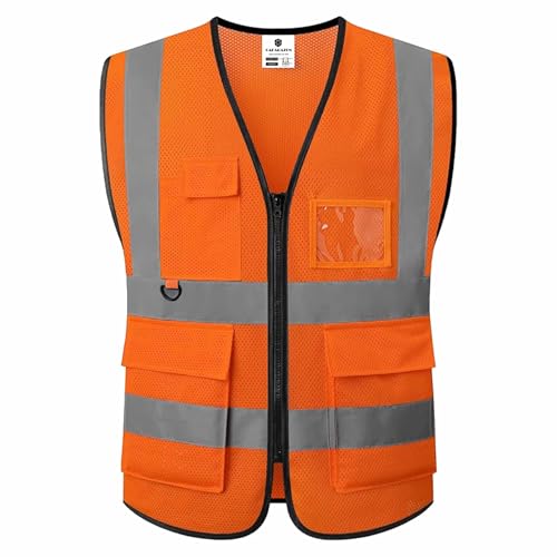 caparazon Unisex High-Visibility Reflective Safety Vest with Zippered Pockets - ANSI/ISEA Certified for Enhanced Work Safety - color: Orange
