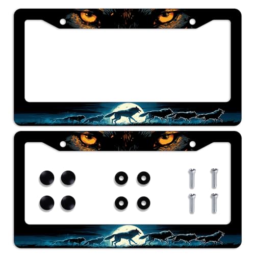 Wolf License Plate Frame Wolf Pack Moon Ferocious Animal License Plate Personalise Stainless Steel Funny Design Compatible with Standard License Plate Holder for USA and Canada 12.2" X 6.2" - color: Wolf_30