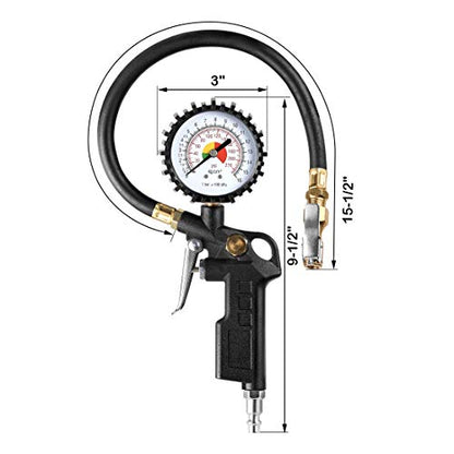 CZC AUTO Tire Inflator Deflator Air Pressure Gauge with Rubber Hose, 2-1/2" Dial Wheel Inflator Gage with Straight Brass Lock-on Chuck Compatible with Air Pump Compressor for RV Car Motorcycle Bike