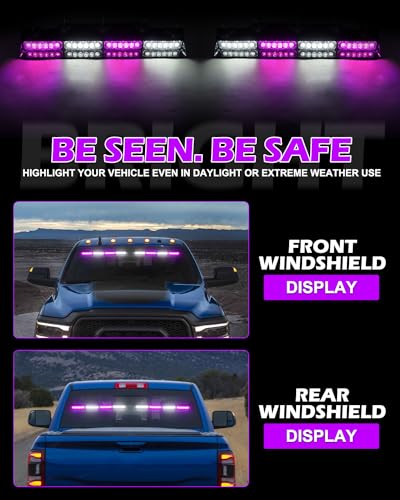 HLauto 604N Emergency Dash Strobe Lights: 2x16.8 inch Purple White Security Light w/Take Down, 48 LED Safety Flashing Warning Hazard Interior Windshield Light Bar for Truck Vehicle - color: #08 Purple / White