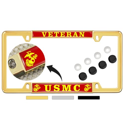 [Officially Licensed US Marine Corps Product] - Veteran USMC with EGA Emblem - Domed Custom-Made Personalized Thin Top 4-Hole Metal Car License Plate Frame with Free caps - Gold Frame (Qty: 1) - color: Gold - Style 2