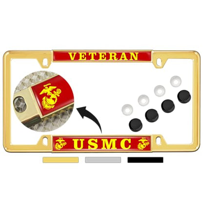 [Officially Licensed US Marine Corps Product] - Veteran USMC with EGA Emblem - Domed Custom-Made Personalized Thin Top 4-Hole Metal Car License Plate Frame with Free caps - Gold Frame (Qty: 1) - color: Gold - Style 2