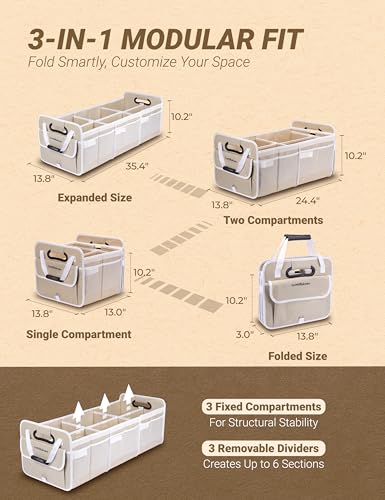 Heavy Duty Trunk Organizer with Lid for Car SUV-1680D Water-Resistant &3.5mm PP Skeleton,Collapsible Storage Box with No Sliding Metal Hooks,Fits Tesla,Truck,Sedan(XL, Cream) - color: Cream Beige