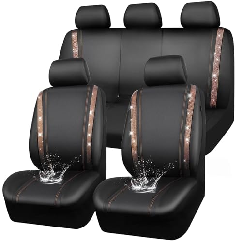 CAR PASS Bling Diamond Car Seat Covers Full Sets, Shining Rhinestone Waterproof Faux Leather, with Zipper, Universal Fit Automotive Glitter Crystal Sparkle Strips Cute Women Girl, Champagne Gold - color: Champagne Gold Diamond, size: Full Set