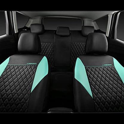 CAR PASS Mint Leather Seat Covers Full Set-Universal Quilting Cute Girly Car Seat Cover with 5mm Composite Sponge Inside,Airbag Compatible,2zipper Bench for Most Sedan,SUV,Truck(Full Set,Mint) - color: Black and Mint, size: Full Set (Front and Rear)