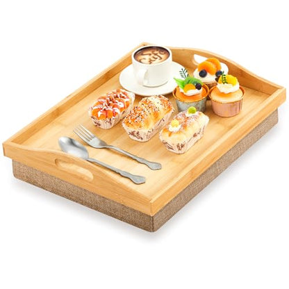 Tioncy 1 Piece Bamboo Lap Tray with Detachable Pillow 16.9'' x 13'' Lap TV Trays Desk with Handles for Adults Eating in Recliner Breakfast Housewarming Gift (Natural Color,Flaxen) - color: Natural Color, Flaxen