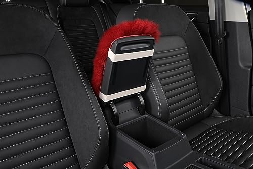 Genuine Sheepskin Center Console Cover Pad Genuine Furry Fluffy Wool Fur Car Armrest Cover Protector Universal Fit for SUV/Truck/Car - color: Long Wool-Wine Red