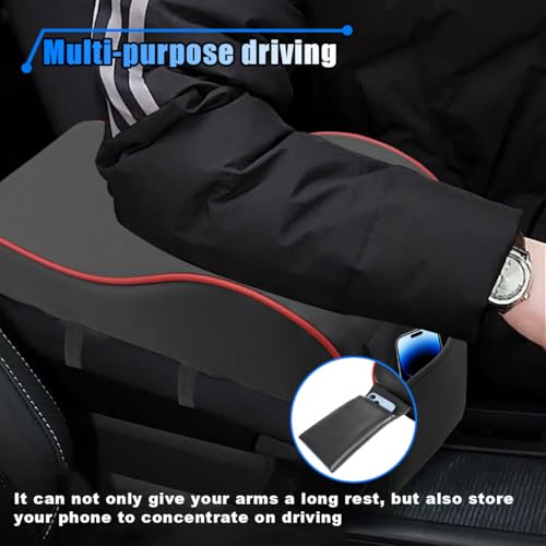 BDZMC Car Armrest Cushion, Memory Foam Car Center Console Pillow Cushion with Phone Holder Storage Bag, Leather Arm Rest Pillow Cover, Universal Car Armrest Pad Accessories (Black/Red) - color: Black/Red