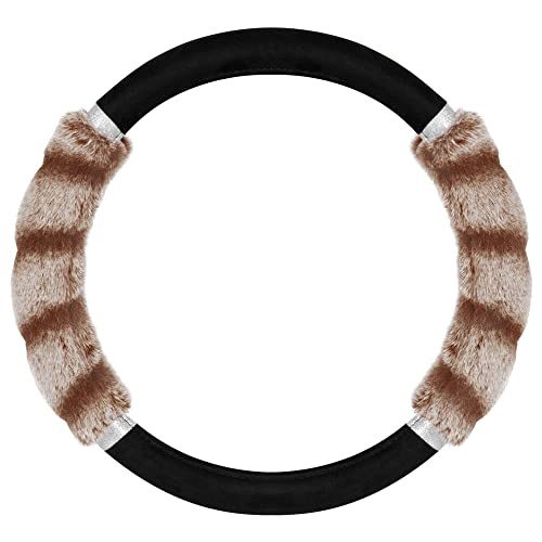 BDK Bear Fur Steering Wheel Cover, Plush Faux Fur Fuzzy Steering Cover for Car Truck Van SUV, Standard Size Fits Wheels 14.5-15 in Diameter, Two Tone Black/Brown with Glitter - color: #39 Brown with Glitter, size: Fits 14.5 - 15" Sw