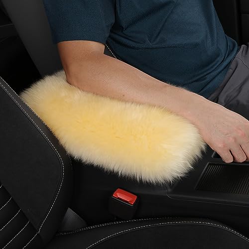 Genuine Sheepskin Center Console Cover Pad Genuine Furry Fluffy Wool Fur Car Armrest Cover Protector Universal Fit for SUV/Truck/Car - color: Long Wool-Beige